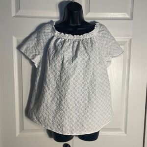 Talbots Shirt Womens L White Floral Eyelet Lace Short Sleeve Cottagecore Blouse